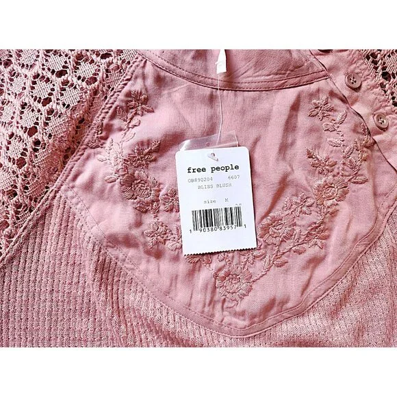 Free People Sweetest Thing Thermal Pink Blush Top Embroidery & Crochet Sz Medium - Picture 7 of 11